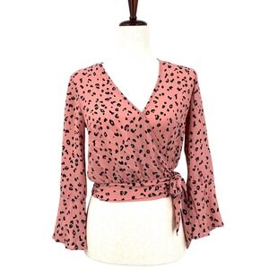 DIVIDED by H&M Women's 2 Pink & Black Leopard Print Wrap Crop Top Bell Sleeves